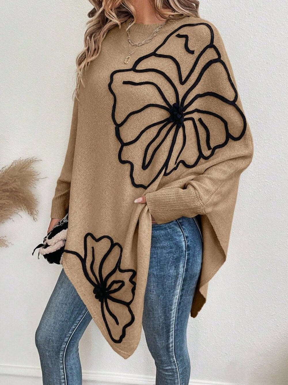 Khaki Casual Women's Asymmetrical Hem Crew Neck Sweater